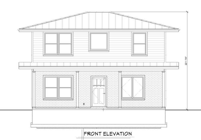 Front elevation of the two-story rebuild plan, brick lower level with lap siding above and a covered front porch.