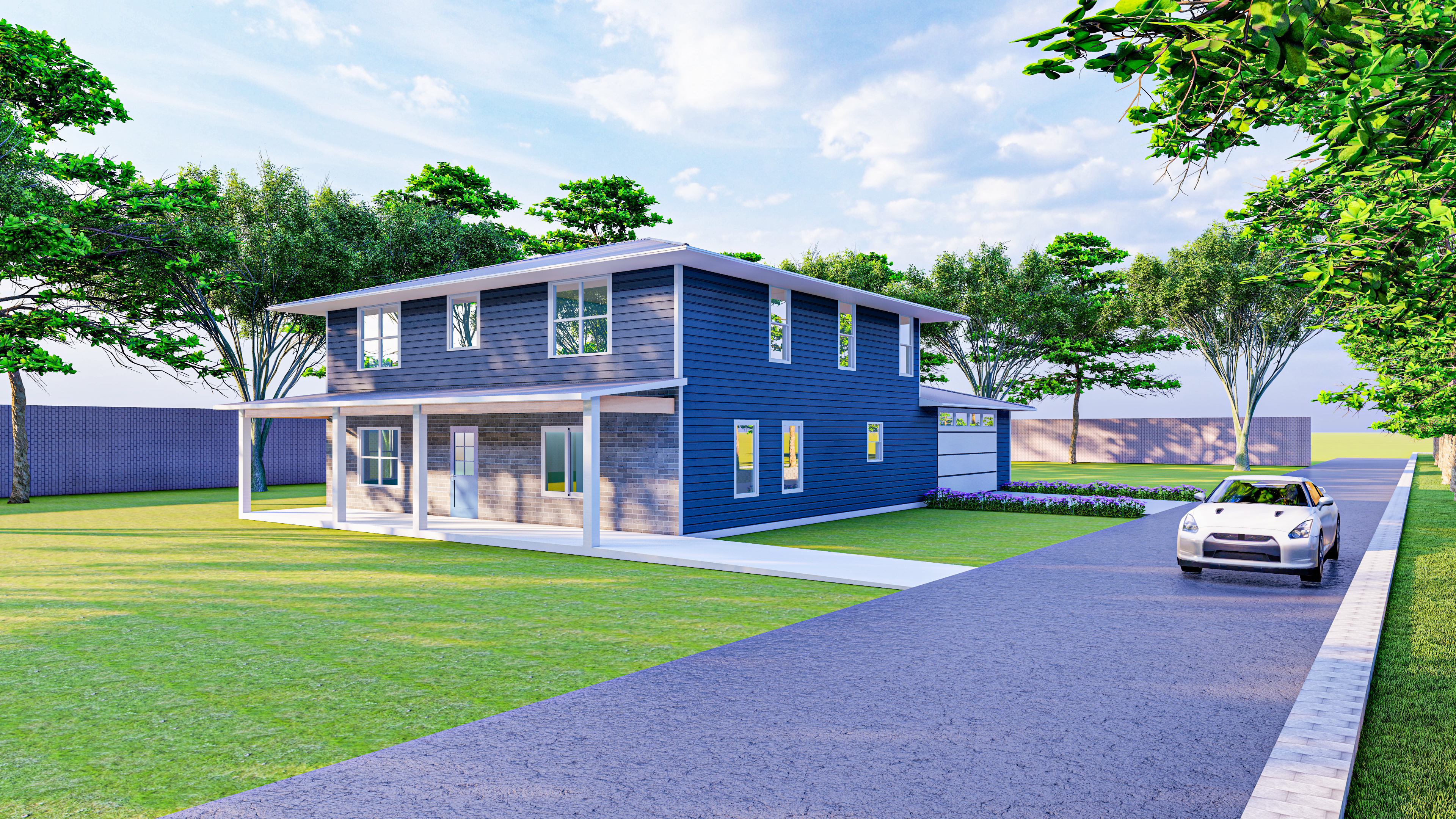 A newly built two-story Steel City Builders home with blue siding, a brick front porch and an attached two-car garage.