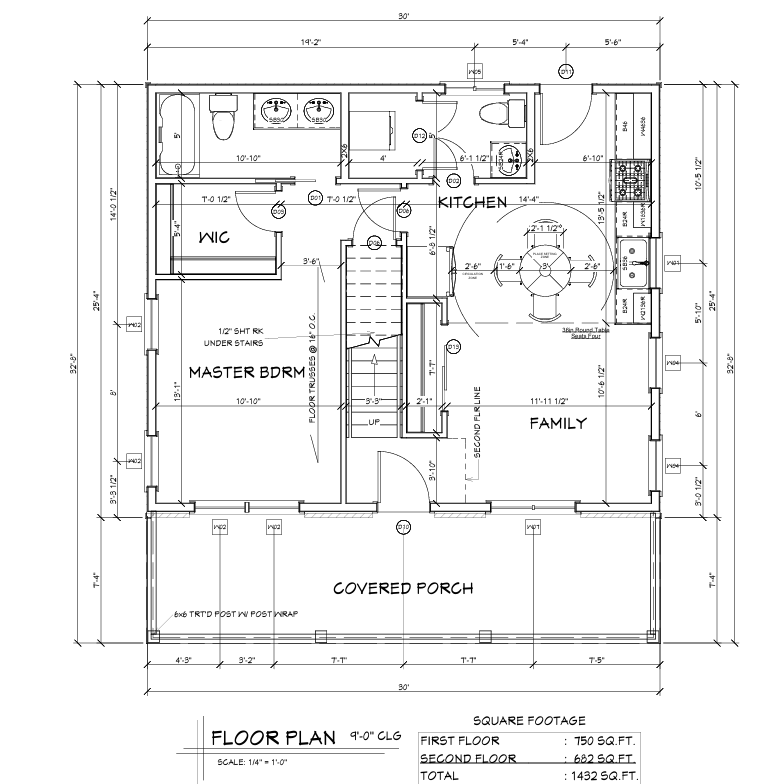 First floor plan: primary bedroom with walk-in closet, primary bath, powder room, laundry, kitchen, family room and covered porch.
