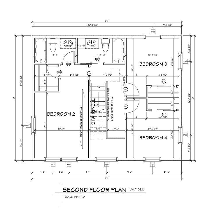 Second floor plan: three bedrooms, two full baths, stairwell and attic access.